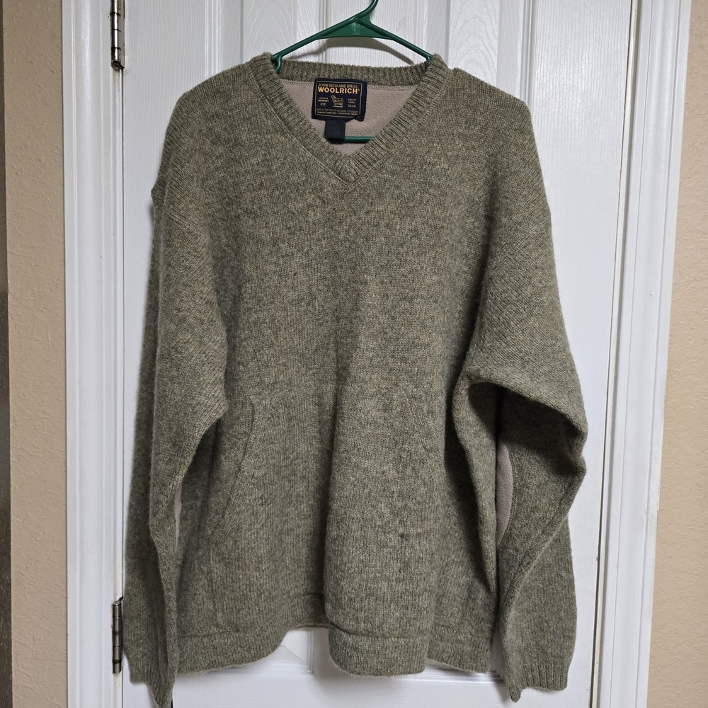 Woolrich Men XL Shetland Wool V Neck Sweater Elbow Patches Pocket Olive Green